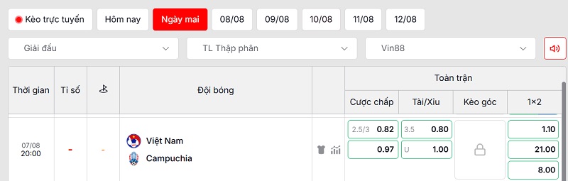 Soi kèo Việt Nam vs Campuchia qua tỷ lệ